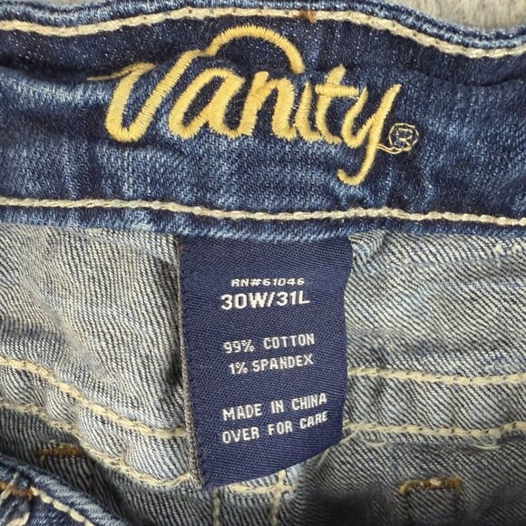 Womens Flare Leg Blue Y2K Jeans Dark Wash Faded 30x31 Mid Rise Hip Hugger Denim - Picture 4 of 6